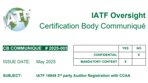 IATF nalaže novu online registraciju kod CCAA za IATF 16949 auditore u kontinentalnoj Kini